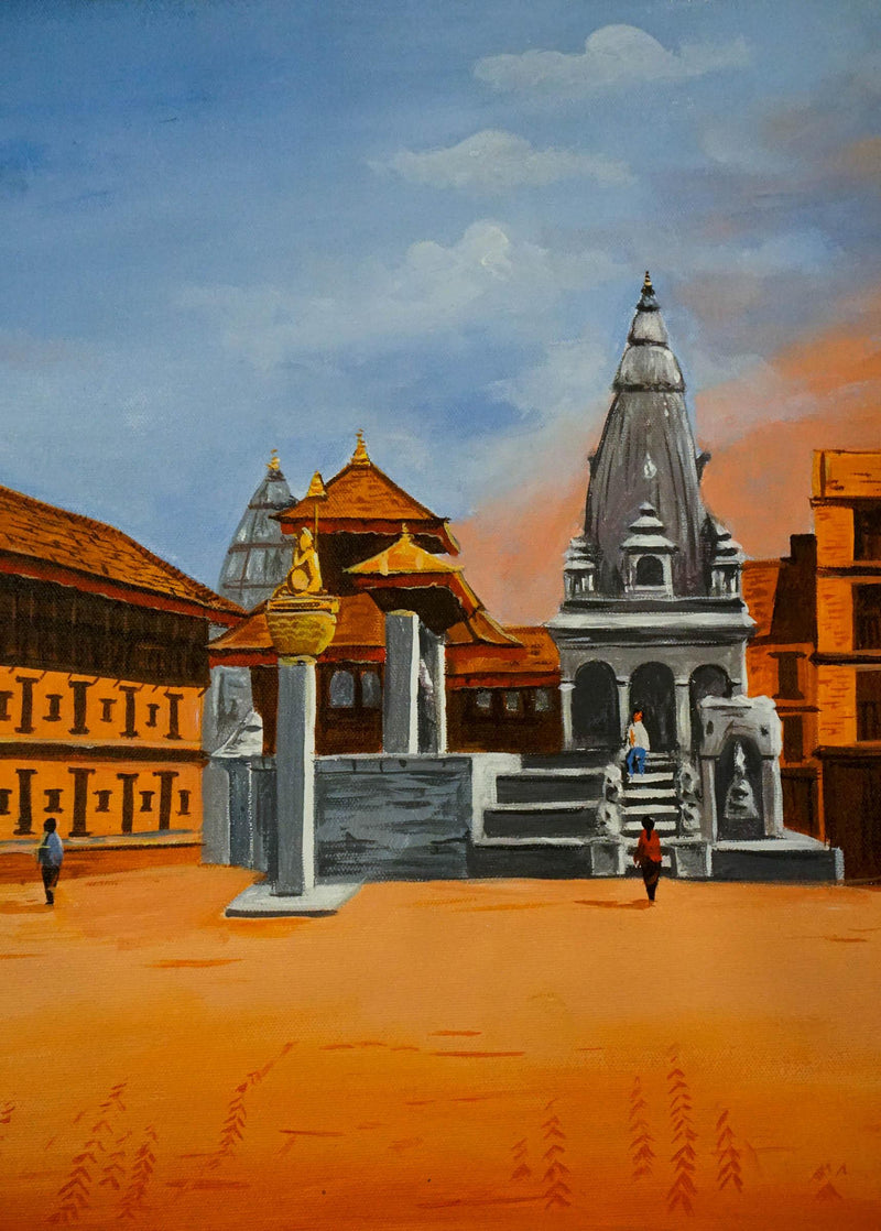 Original handmade Oil Painting of Bhaktapur Durbar Square, Nepal - Himalayas Shop