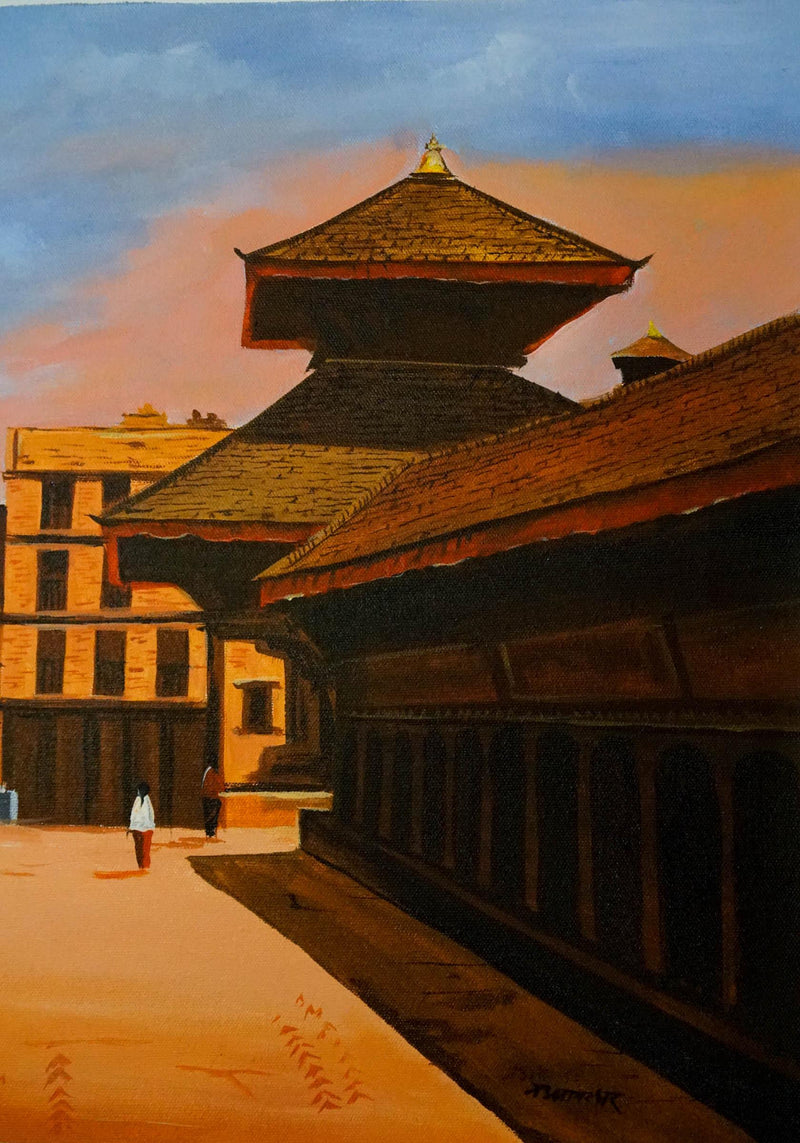 Original handmade Oil Painting of Bhaktapur Durbar Square, Nepal - Himalayas Shop