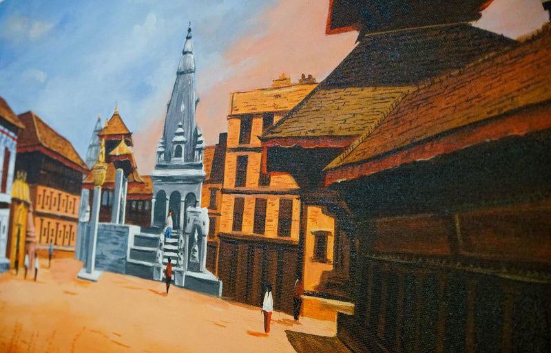 Original handmade Oil Painting of Bhaktapur Durbar Square, Nepal - Himalayas Shop