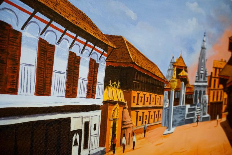 Original handmade Oil Painting of Bhaktapur Durbar Square, Nepal - Himalayas Shop