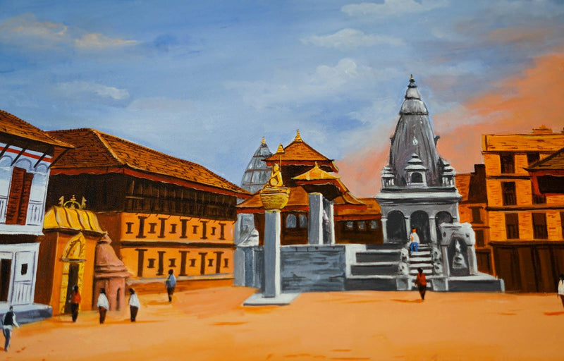 Original handmade Oil Painting of Bhaktapur Durbar Square, Nepal - Himalayas Shop