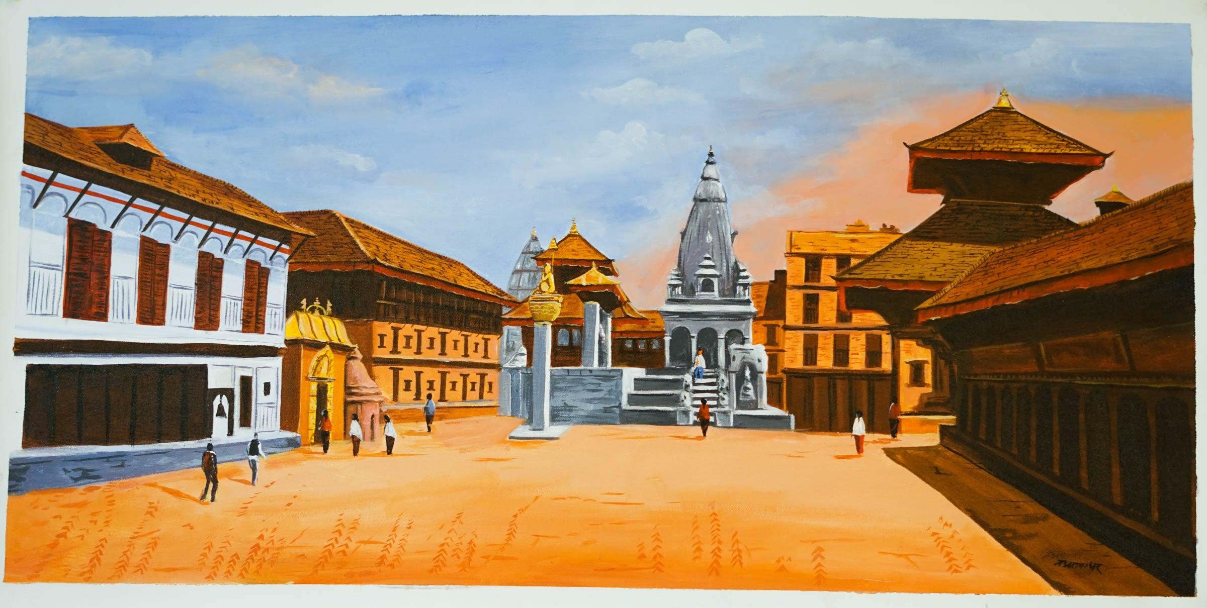 Original handmade Oil Painting of Bhaktapur Durbar Square.