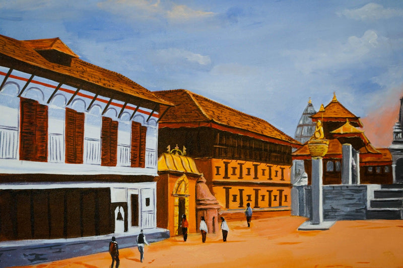 Original handmade Oil Painting of Bhaktapur Durbar Square, Nepal - Himalayas Shop