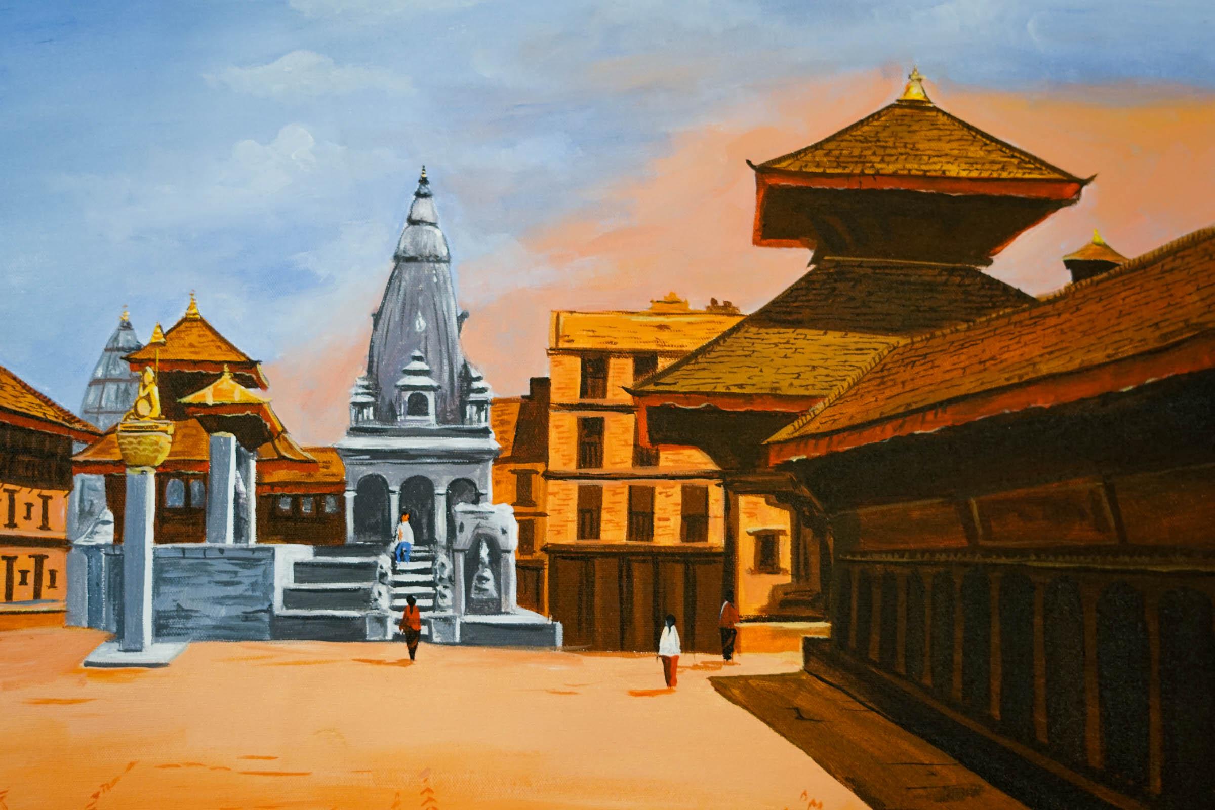 Original handmade Oil Painting of Bhaktapur Durbar Square, Nepal - Himalayas Shop