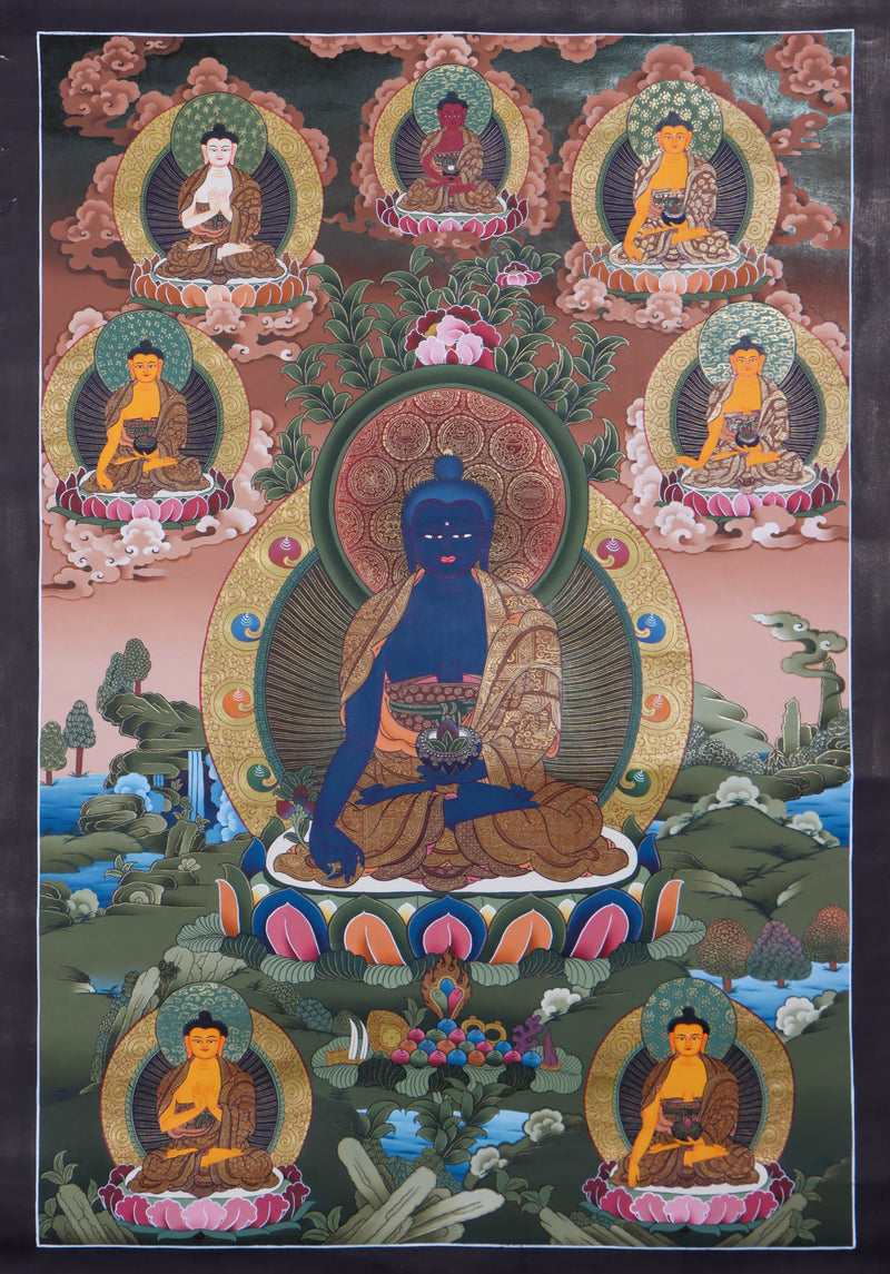 Medicine Buddha with Five dhyani buddha - Handpainted thangka art - Himalayas Shop