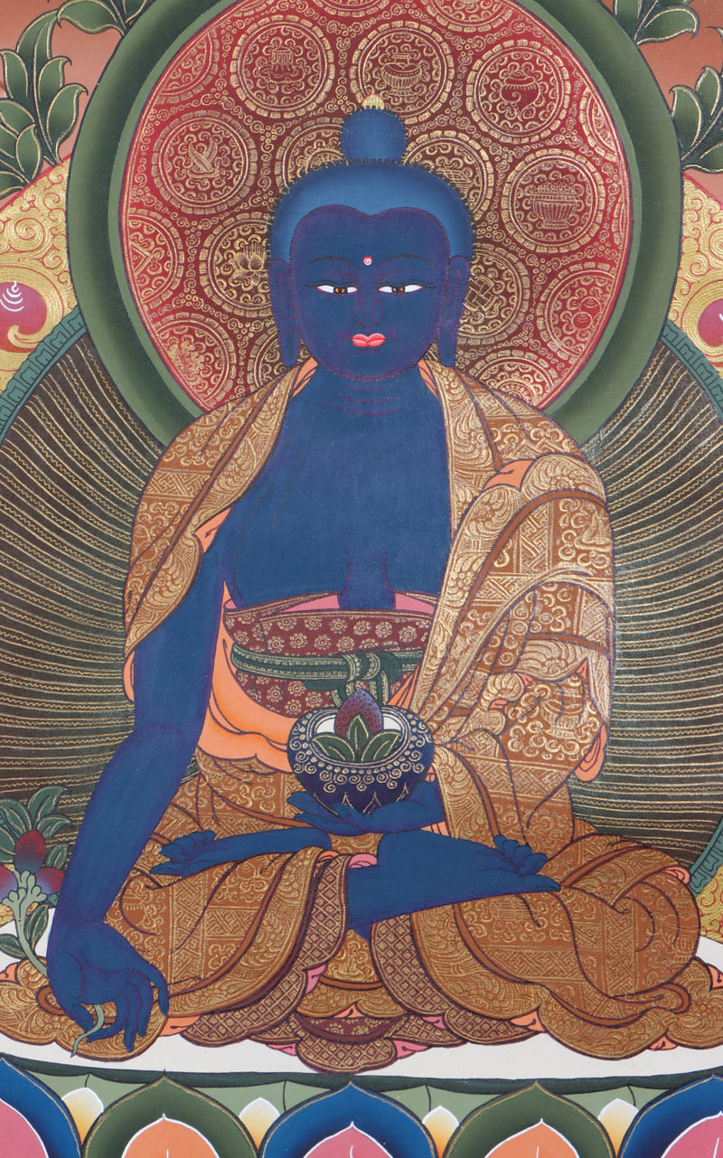 Medicine Buddha with Five dhyani buddha - Handpainted thangka art - Himalayas Shop