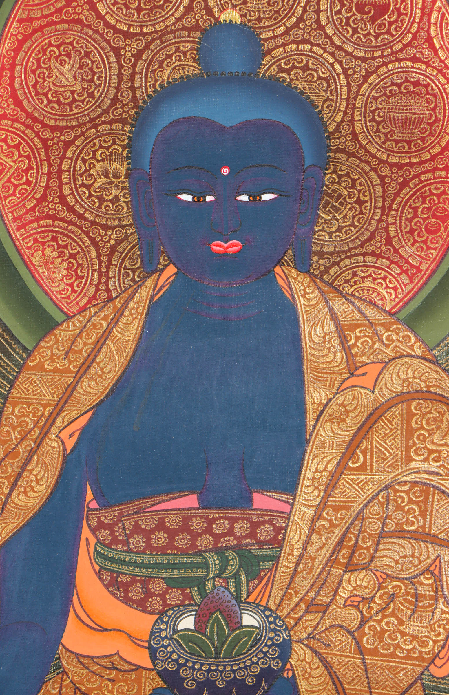 Medicine Buddha with Five dhyani buddha - Handpainted thangka art - Himalayas Shop
