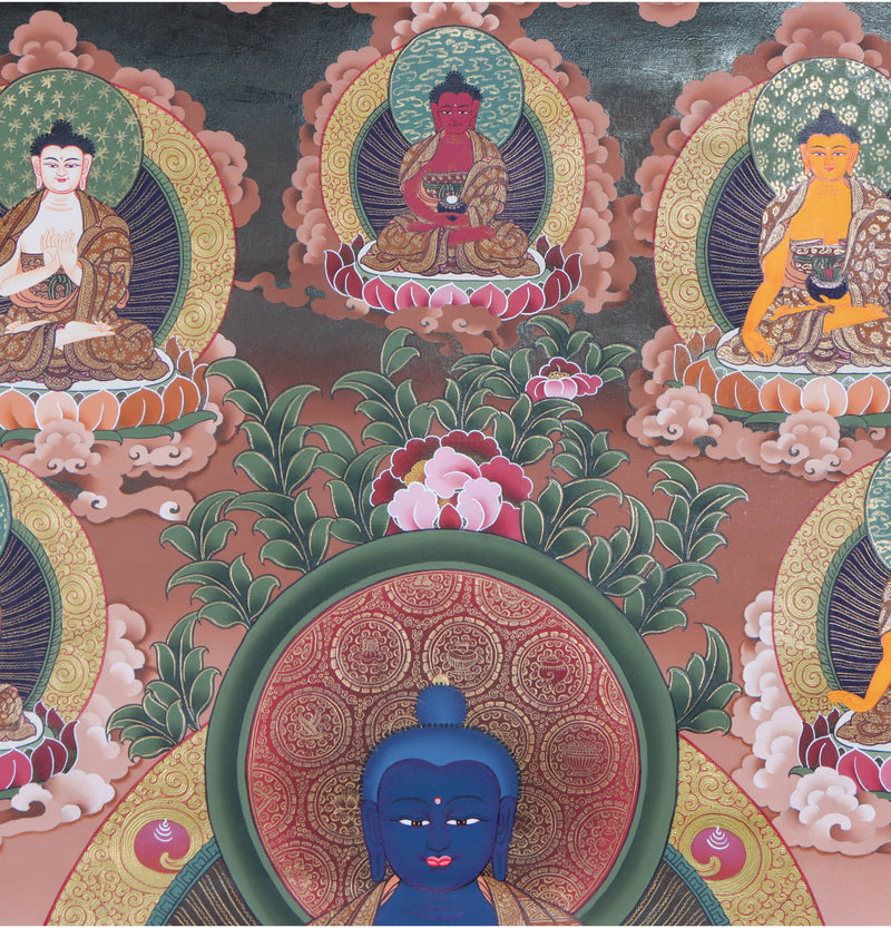 Medicine Buddha with Five dhyani buddha - Handpainted thangka art - Himalayas Shop