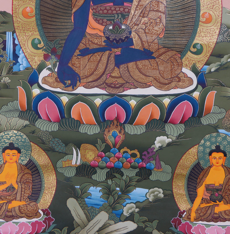 Medicine Buddha with Five dhyani buddha - Handpainted thangka art - Himalayas Shop