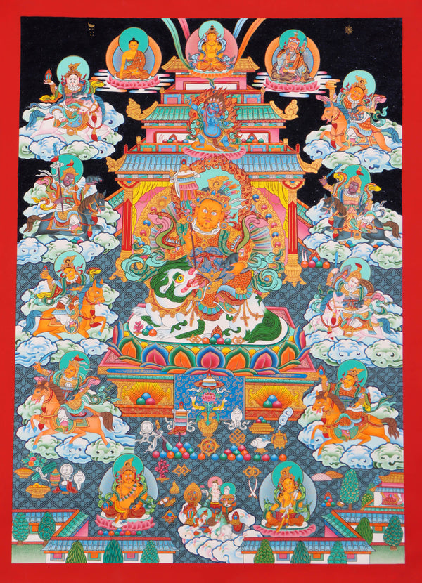 Zambala Thangka Painting with many other bodhisattva deities - Handpainted by skillful artisan - Lapis Thangka Art