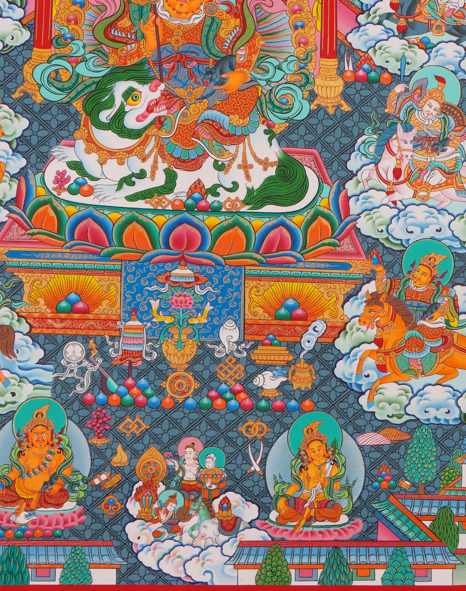 Zambala Thangka Painting with many other bodhisattva deities - Handpainted by skillful artisan - Lapis Thangka Art