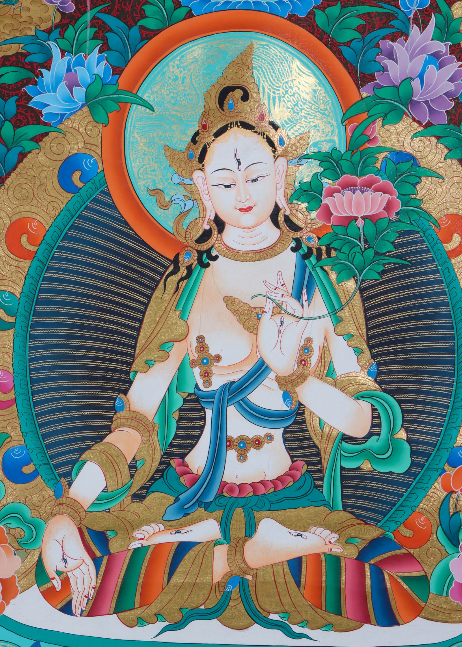 White Tara (Female Bodhisattva) Handpainted Thangka Painting - Himalayas Shop