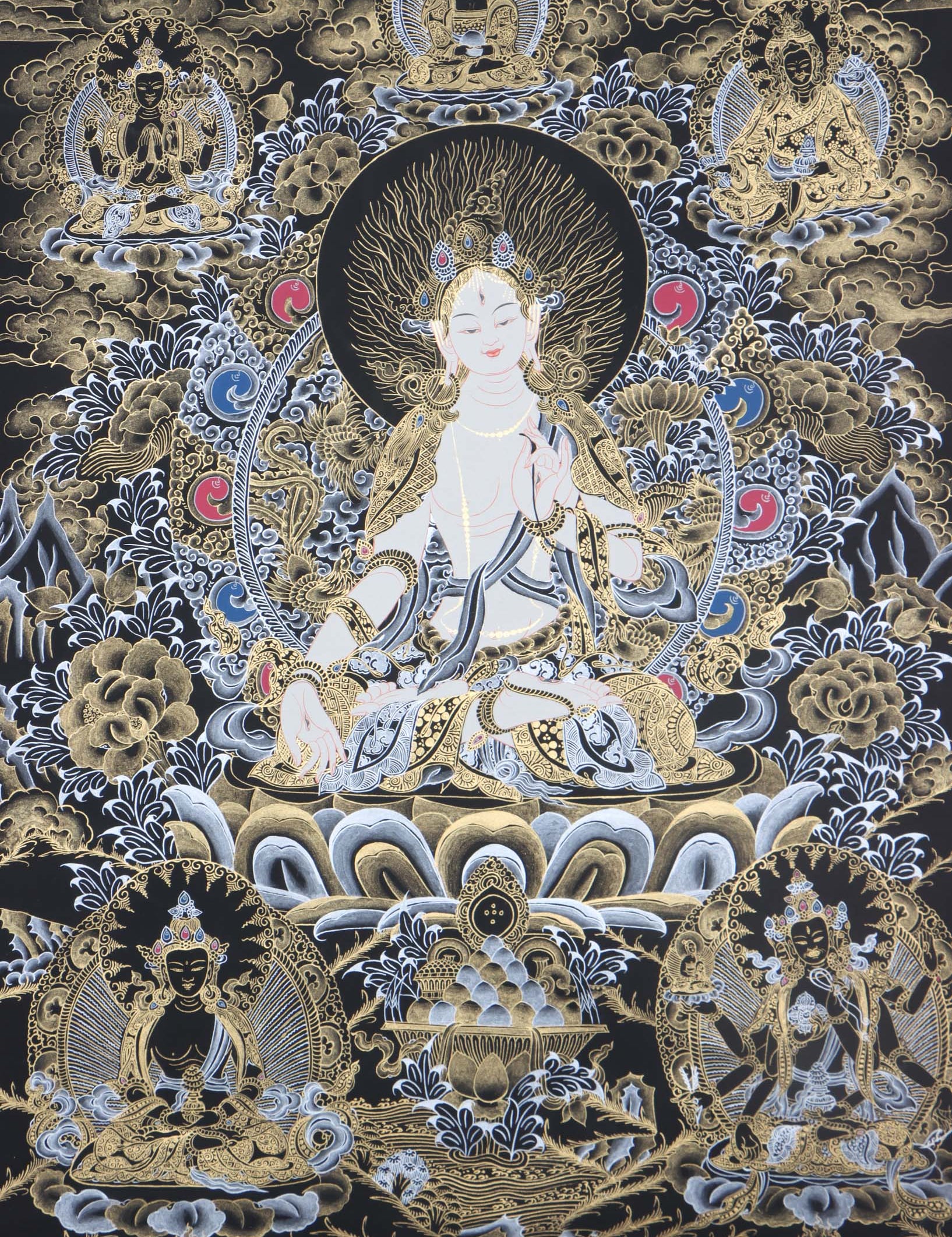 Seven Eyes Bodhisattva - White Tara thangka painting - Himalayas Shop 